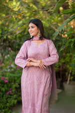 Front view of a pyazi pink Alfiya Mul Mul Self Set, lightweight cotton for humid weather fashion.