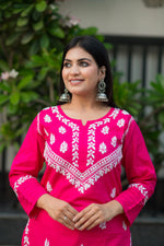 A beautifully stitched Chikankari pink kurta for women, made with breathable fabric and timeless embroidery.