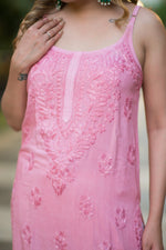 Close-up of the neckline on a pink Noora Noodle strap kurti, a trendy women's kurti.