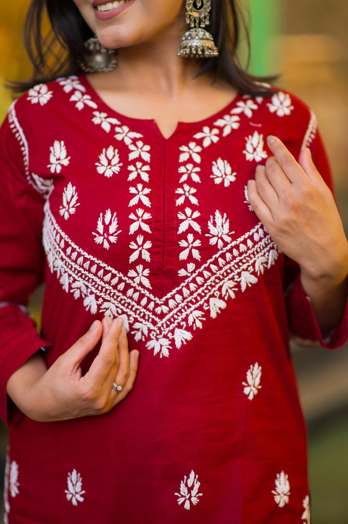 Close-up of the subtle print design on a Riwayat kurti, reflecting classic Indian style.