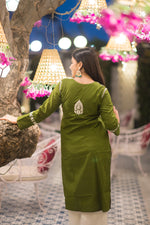 Back angle of fresh green chikankari kurta featuring soft cotton fabric, a minimalist choice for everyday ethnic style.