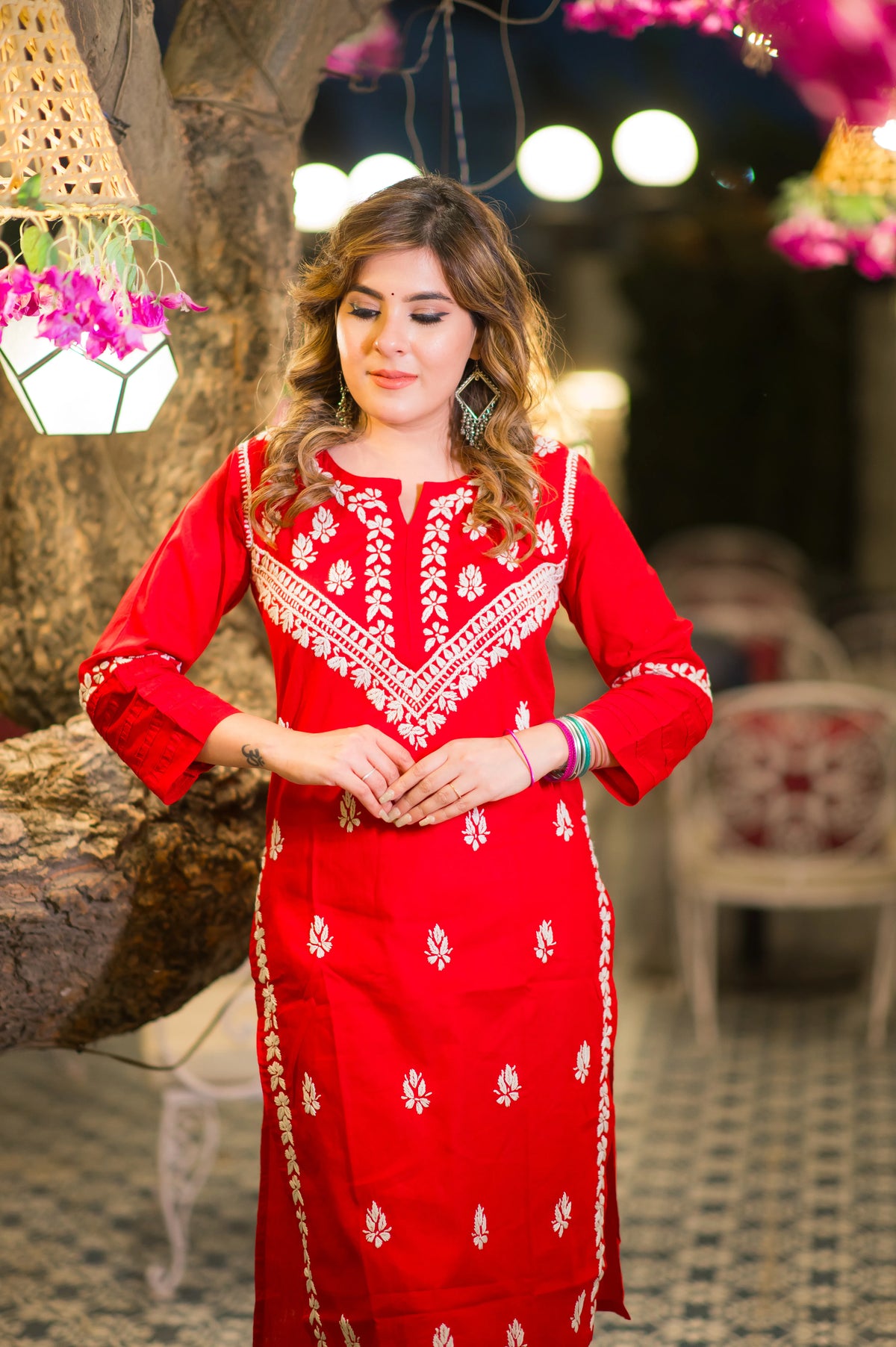 Close-up front view of a red Lucknowi Chikankari Kurta, a pure cotton kurta ideal for summer