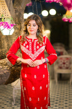 Close-up front view of a red Lucknowi Chikankari Kurta, a pure cotton kurta ideal for summer