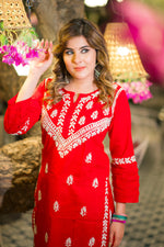 Front view of an elegant red Lucknowi Chikankari Kurta in pure cotton for women, a great addition to your summer collection.
