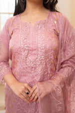 Close-up front Pink Chikankari organza kurti, latest design with gold threads. View ethnic wear, traditional.