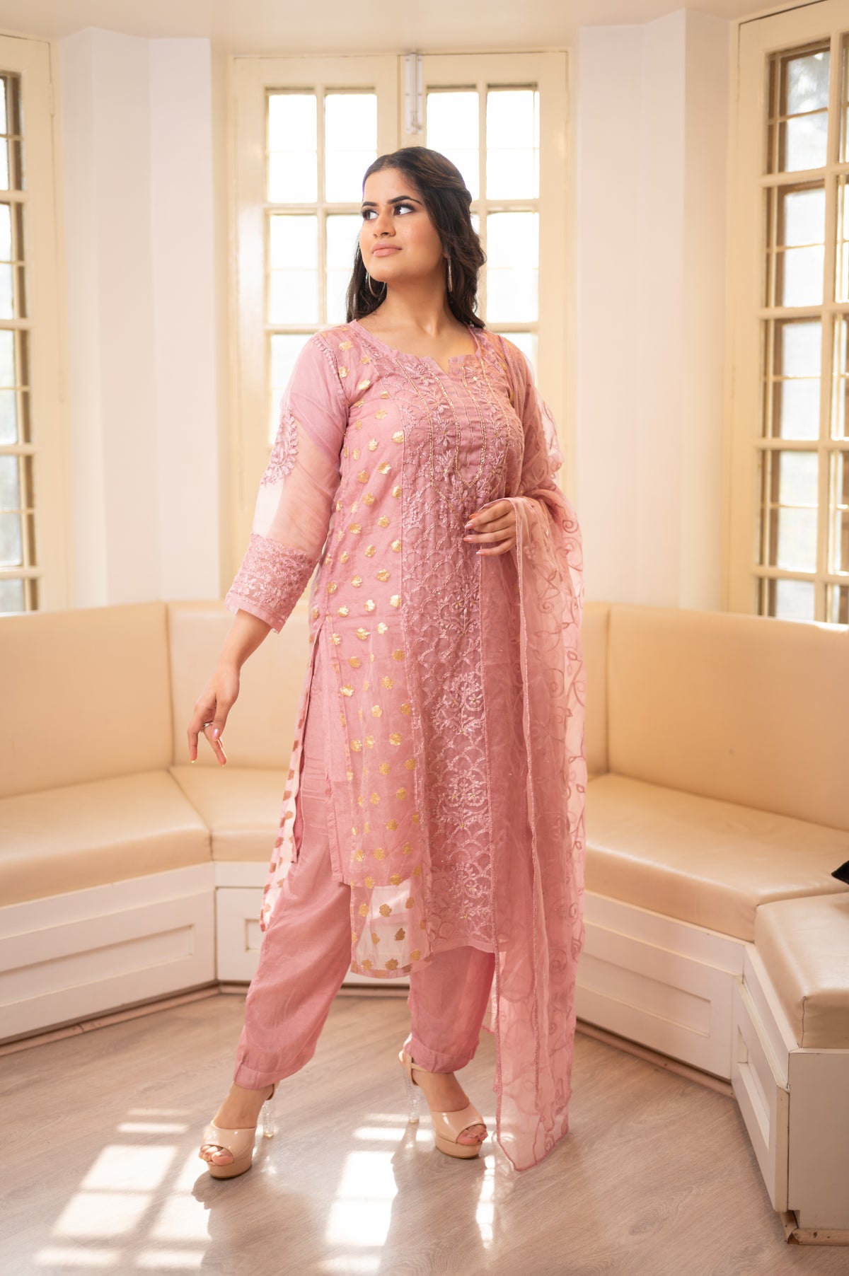 Front view Elegant designer pink organza suit set, golden details. View traditional Indian outfit, women's fashion.