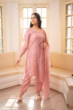 Front view Elegant designer pink organza suit set, golden details. View traditional Indian outfit, women's fashion.