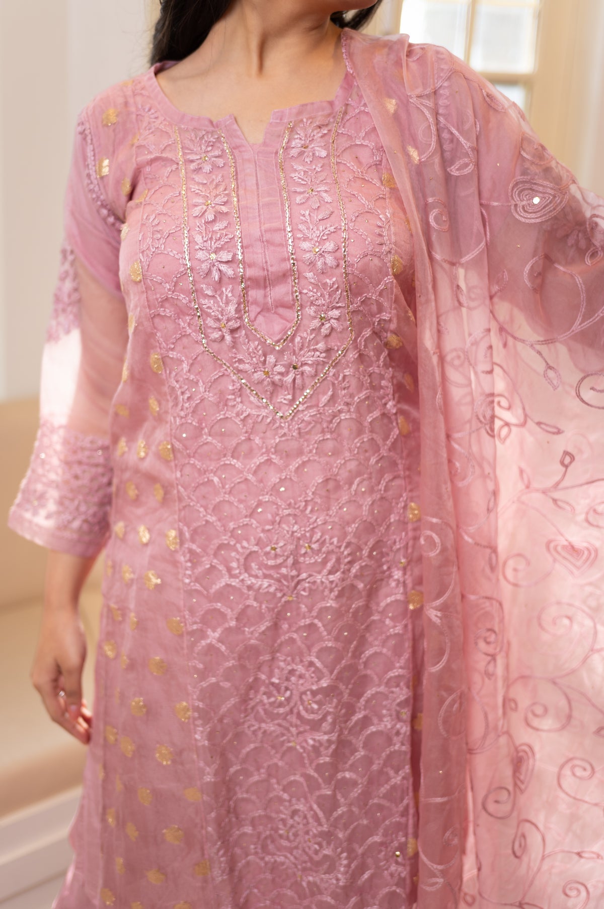 Close-up front Intricate pink Chikankari organza kurti, golden accents. Latest design, traditional Indian fashion.