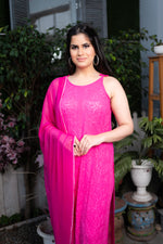 Detailed pure Chikankari embroidery on the hem of a Pink Viscose Sleeveless Kurti. Viscose thread used.