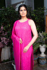 Close-up of fine Chikankari handwork on a Pink pure viscose georgette kurti. Uses viscose thread.