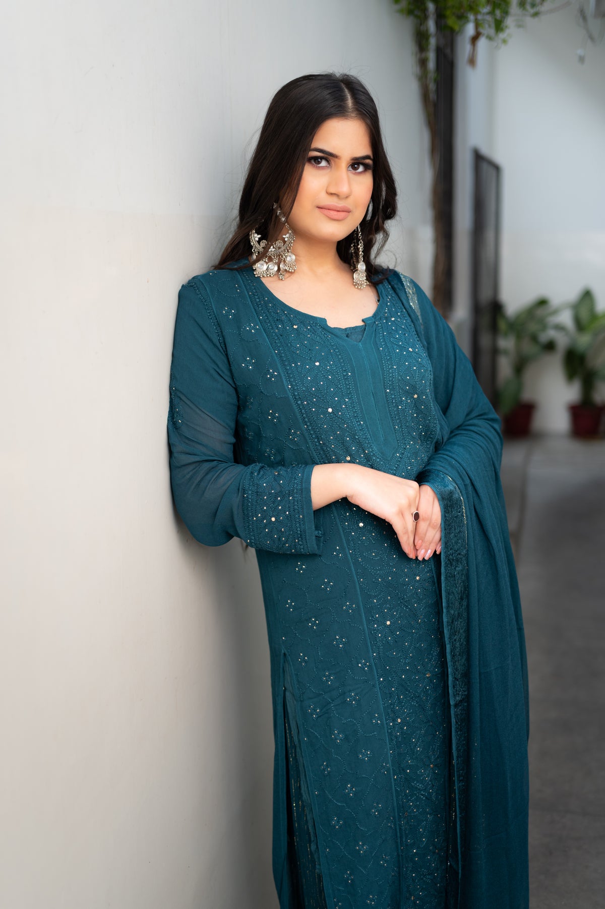 View a Blue Viscose Set, a comfortable pure viscose fabric kurta set with beautiful draping and Chikankari.