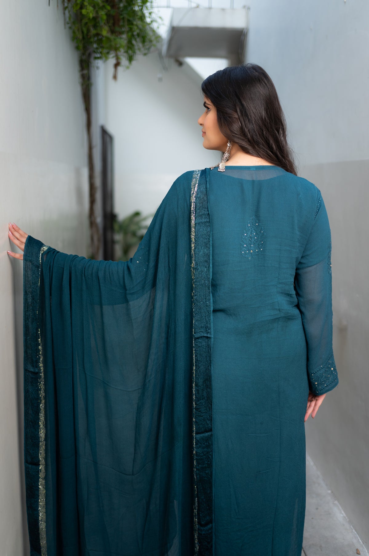 View an elegant Blue Viscose Set, a hand-made Chikankari georgette kurta set for comfort and style.