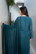 View an elegant Blue Viscose Set, a hand-made Chikankari georgette kurta set for comfort and style.