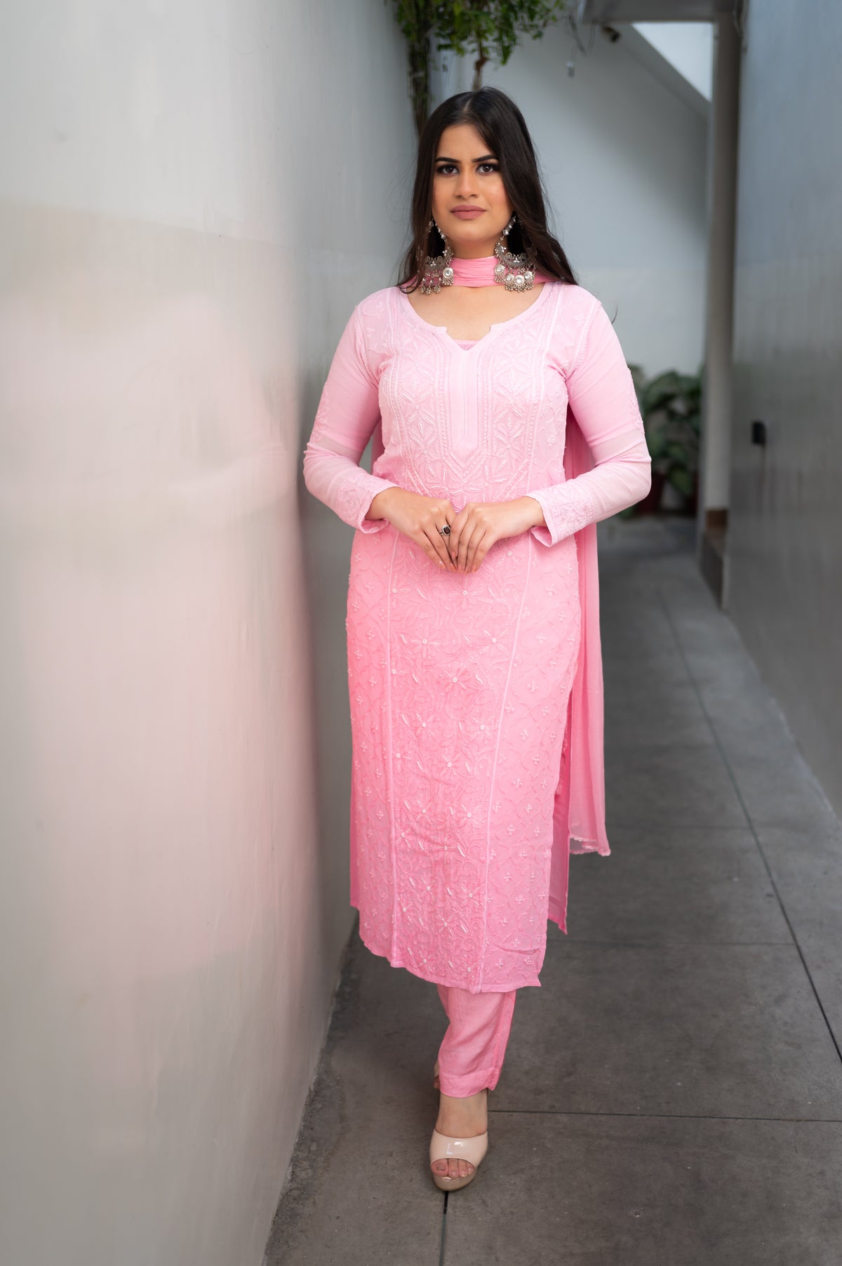 View a Pink Viscose Set, a comfortable pure viscose fabric kurta set with Chikankari and Mukaish.