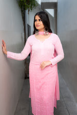 View an elegant Pink Viscose Set, a georgette kurta set with Chikankari and Mukaish handwork.