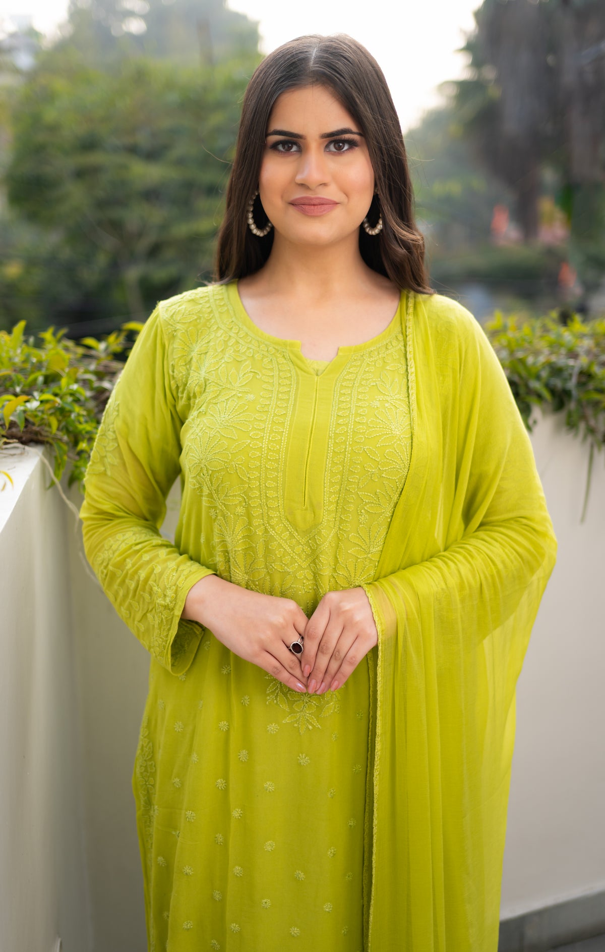 View a Pure Georgette Kurti Set, featuring traditional Chikankari and comfortable viscose fabric.