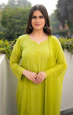 View a Pure Georgette Kurti Set, featuring traditional Chikankari and comfortable viscose fabric.