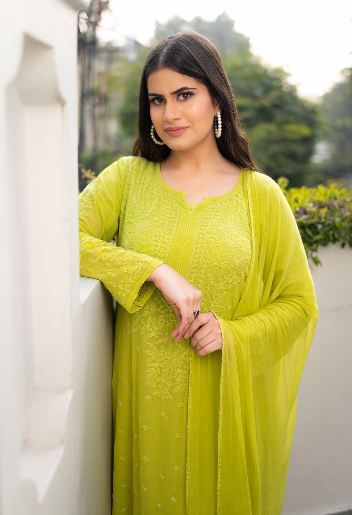 Close-up of fine Lucknowi Chikankari on a Pure Georgette Kurti. Uses viscose thread.