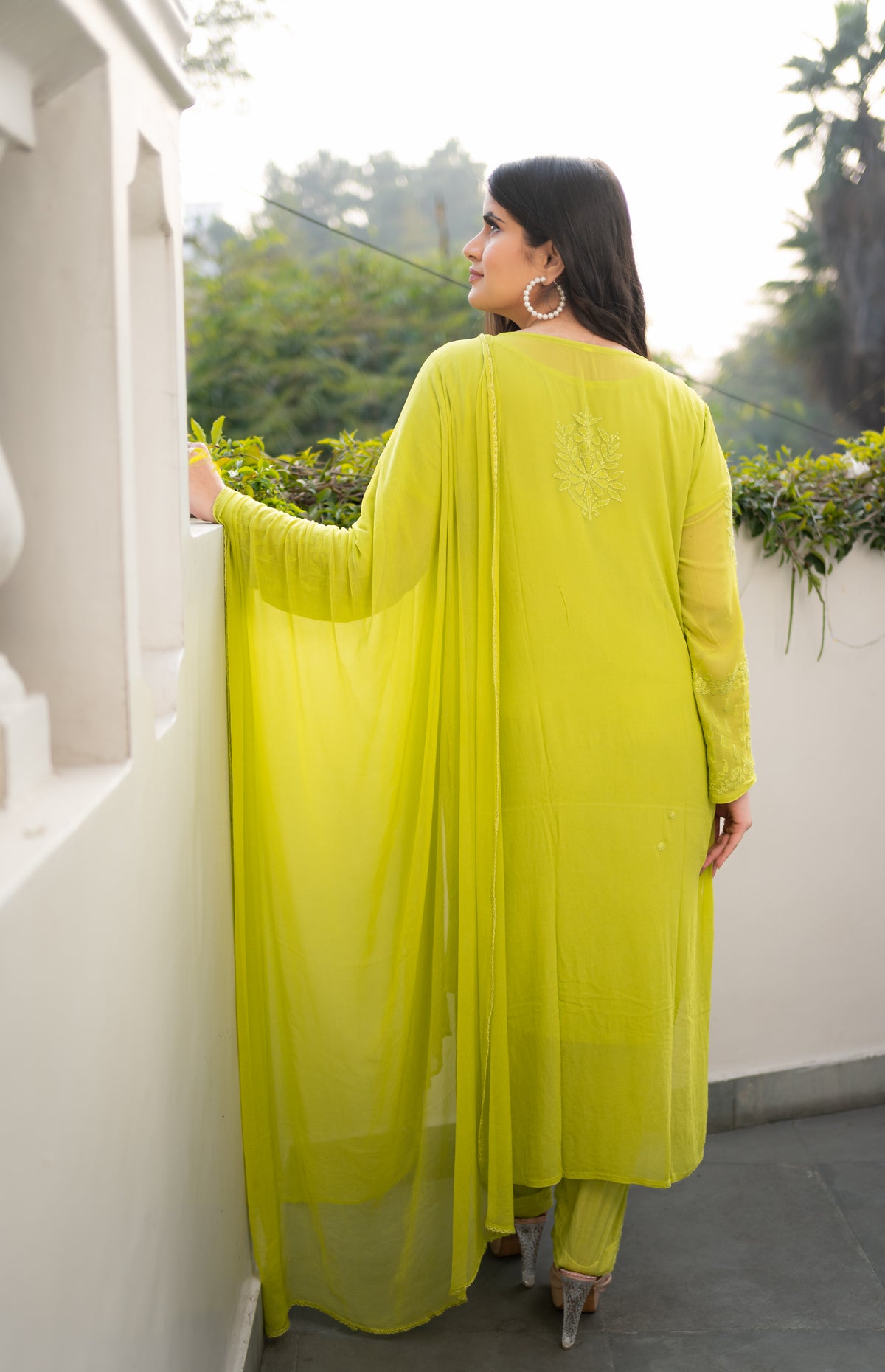 Detailed view of the Chikankari embroidery on a georgette kurti. A beautiful art piece.