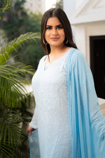 View a long (46-inch) Pure Georgette Kurti. Features fine Chikankari and pure viscose fabric.