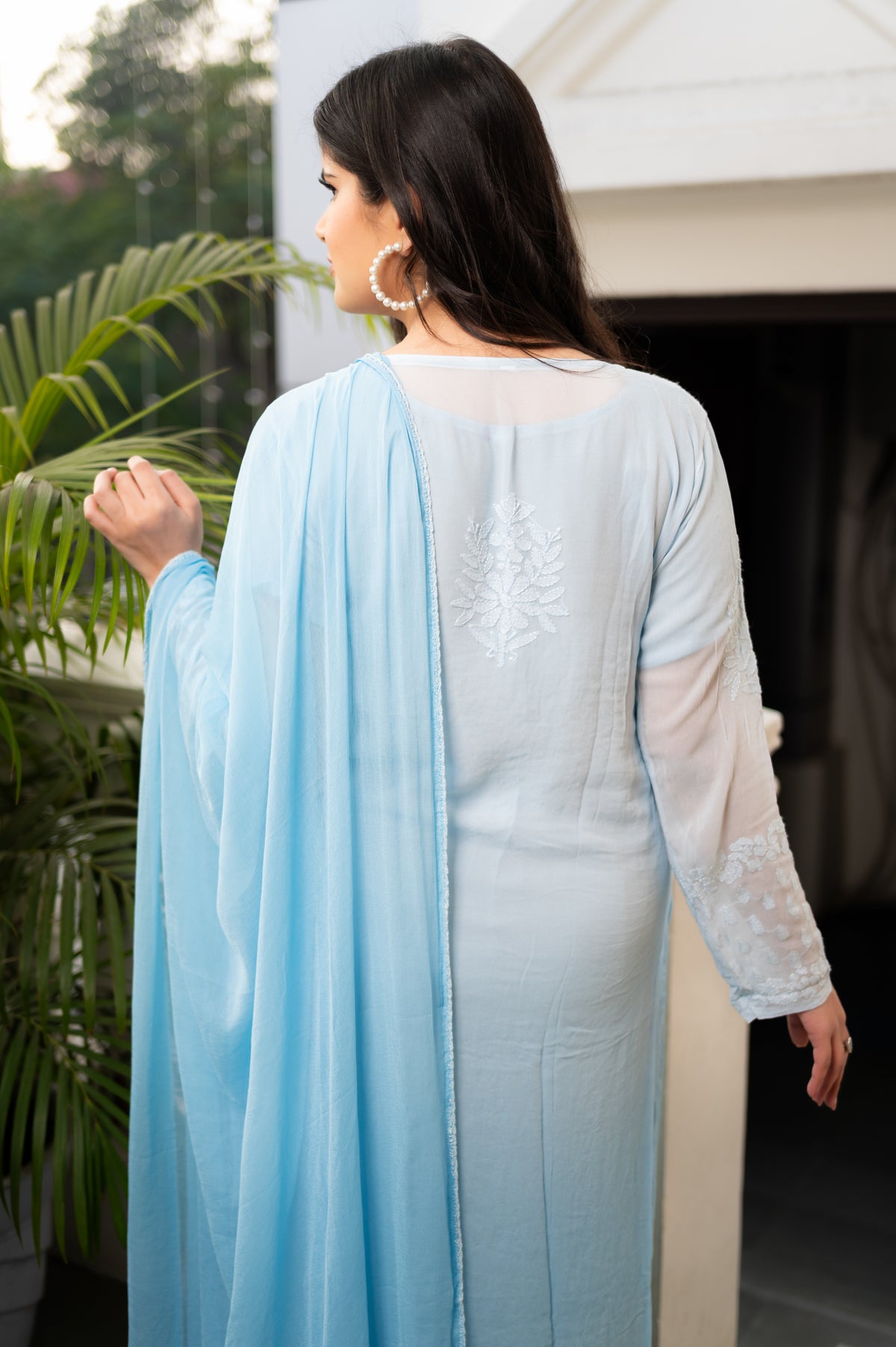 Close-up of fine Chikankari hand embroidery (Bhakiya, Phanda) on a pure viscose georgette kurti.