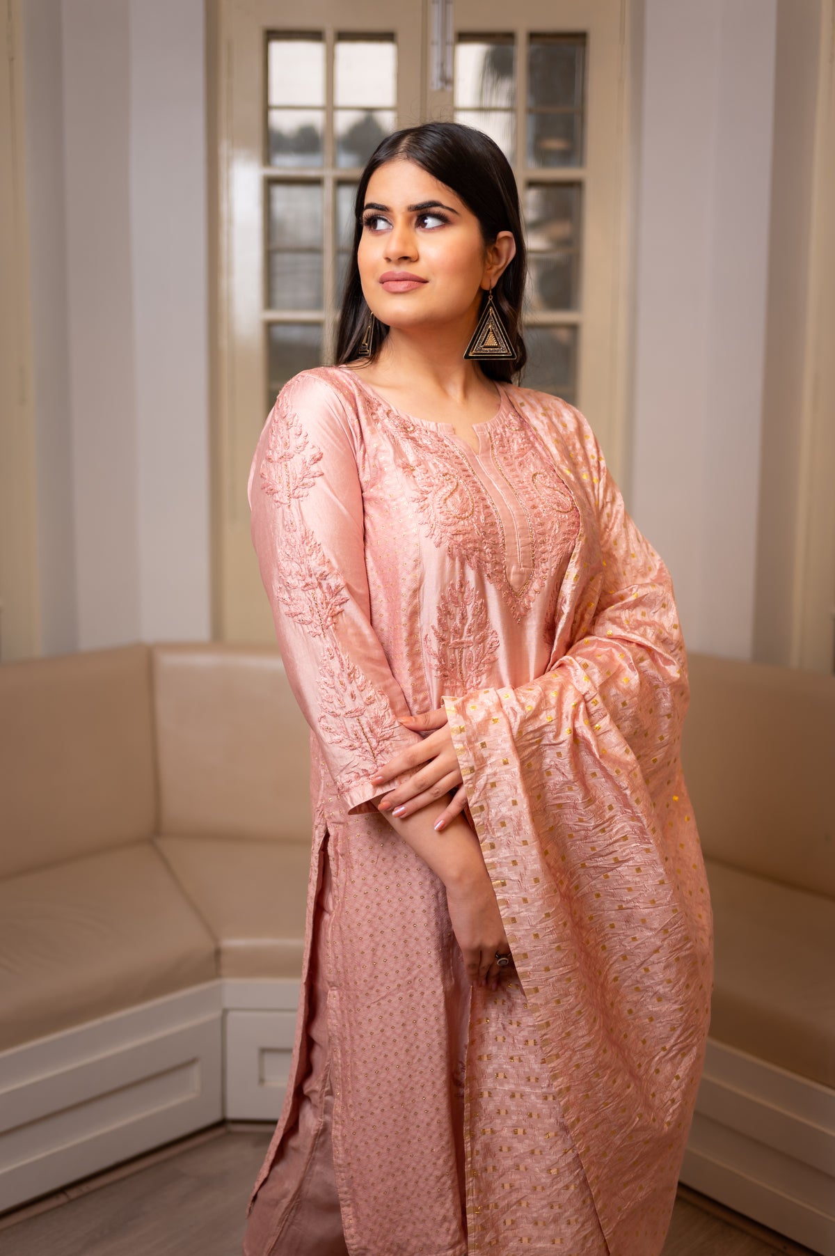 Detailed view of Pink Modal Chanderi fabric with exquisite Chikankari and Zari Cut Dana.