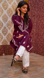 Front view of a wine Soft Cotton Chikankari Kurti, featuring breathable fabric and intricate embroidery.