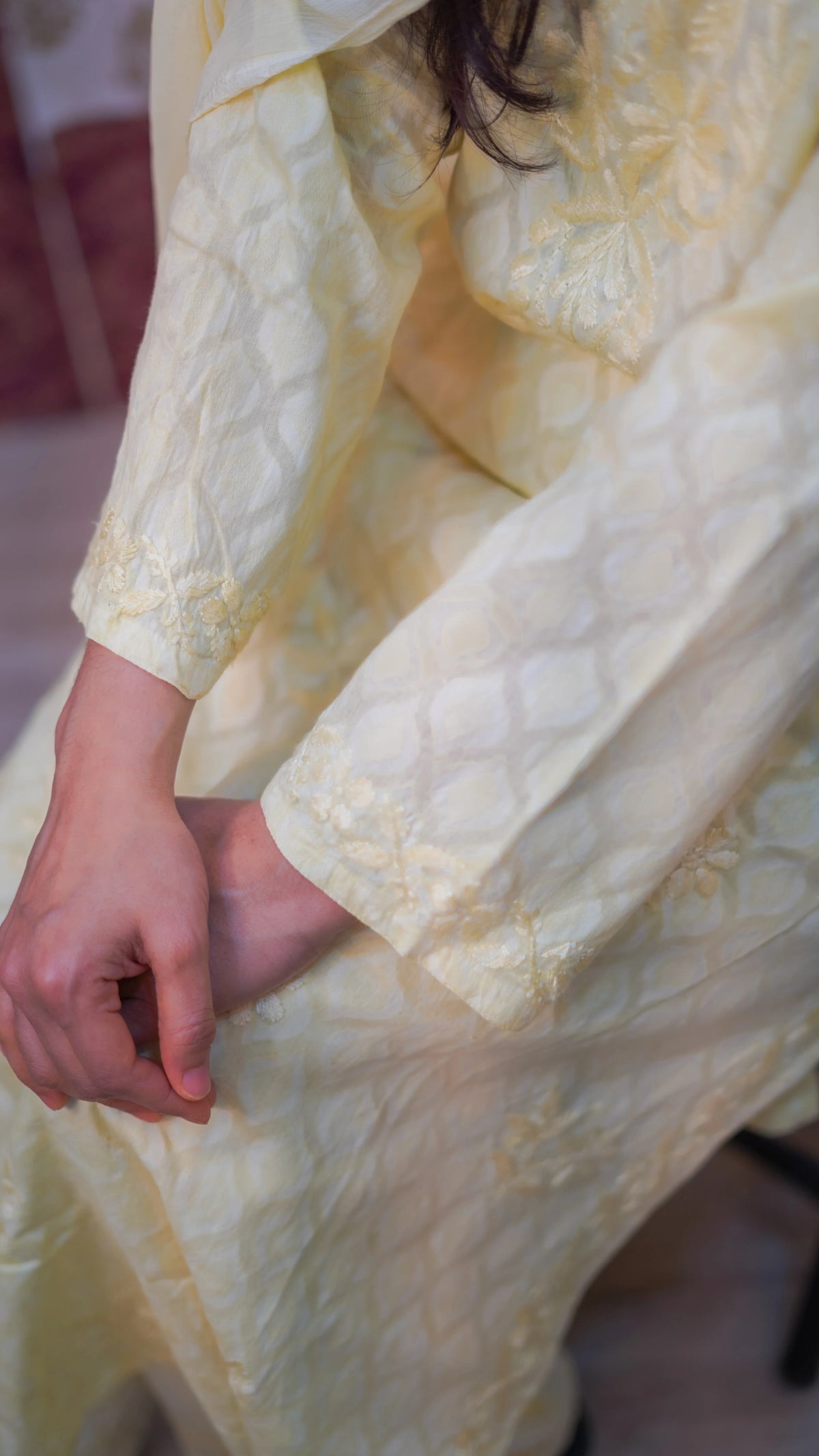 Angled view of a Hiba kurti set, a comfy Chikankari kurti with delicate embroidery for ethnic style.