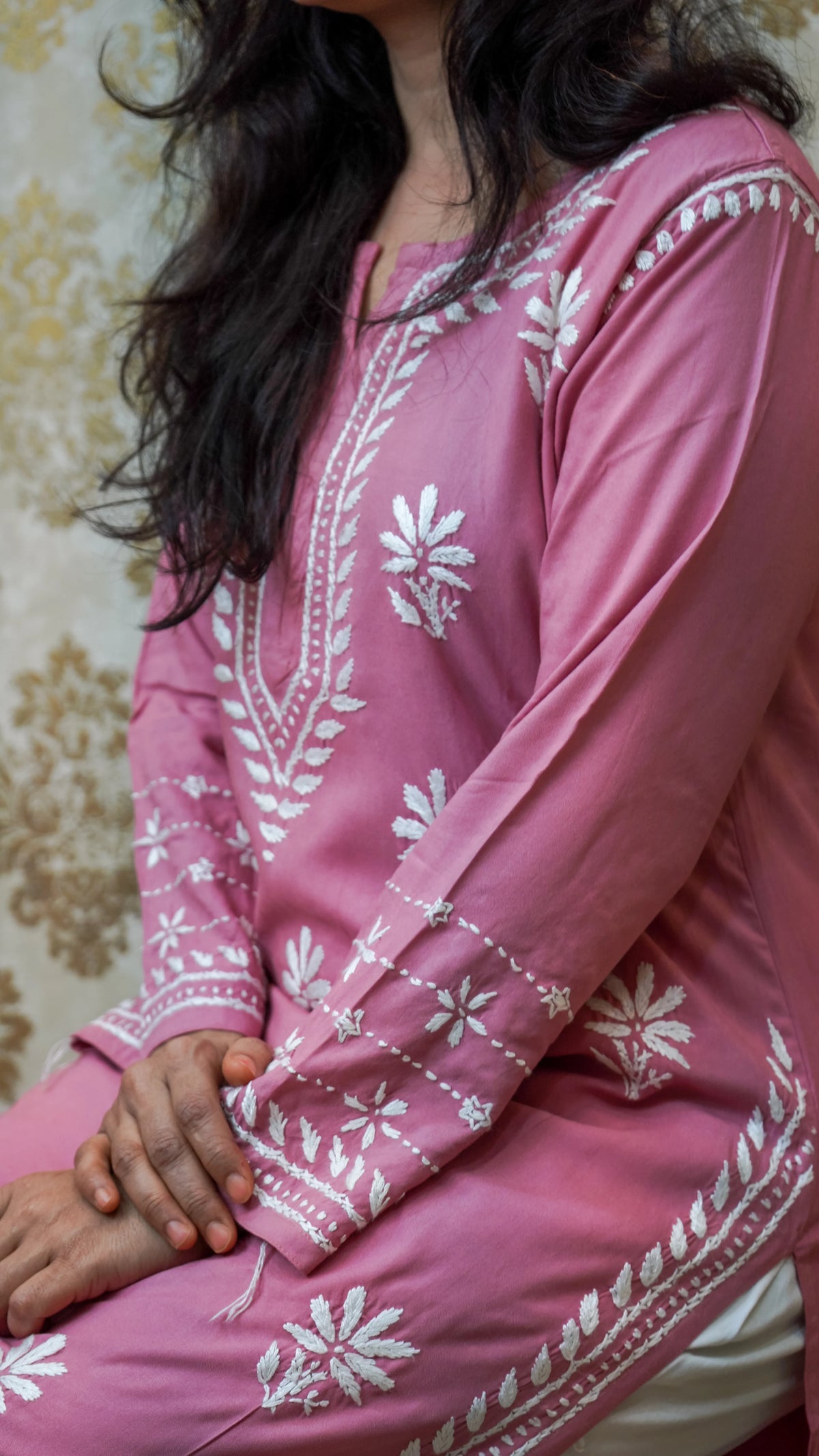 Side shot of a pink kurti in soft Viscose Rayon fabric, a comfortable ethnic tunic.