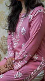 Side shot of a pink kurti in soft Viscose Rayon fabric, a comfortable ethnic tunic.