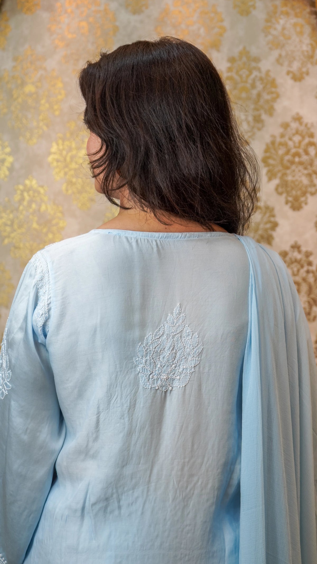 Back view of a sky blue Modal Satin Pearl kurti, featuring luxurious fabric and intricate embroidery.