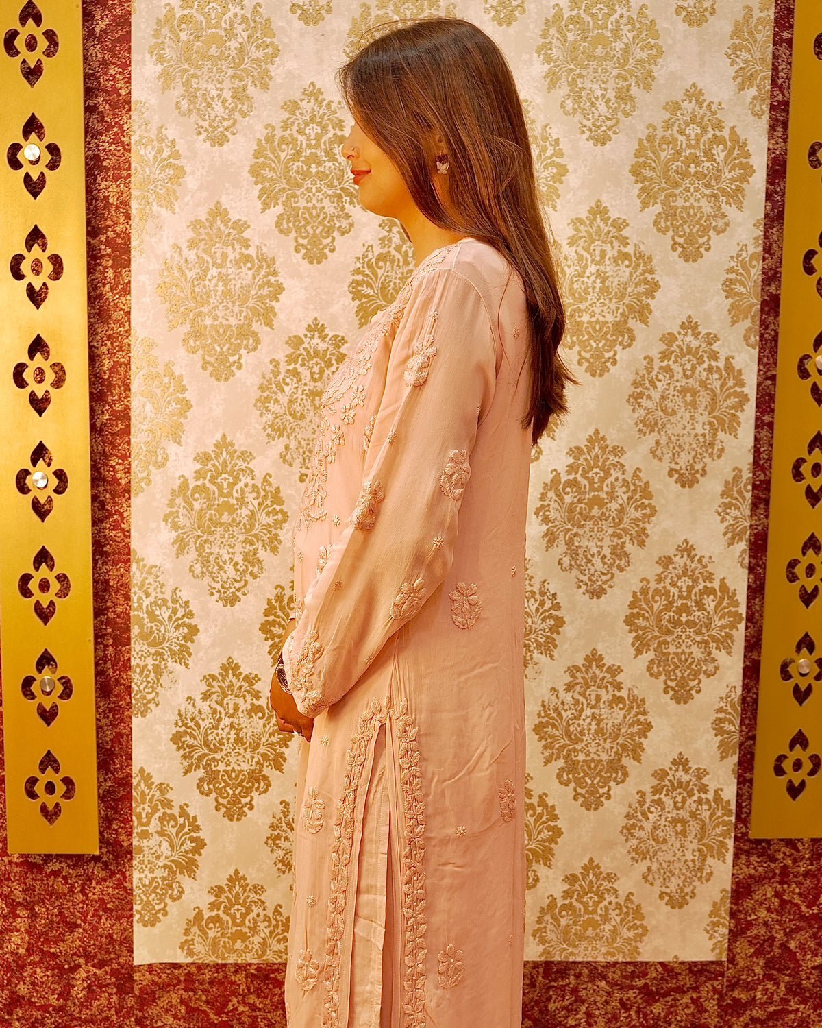 Close-up of camel Viscose Georgette Kurta with exquisite Chikankari, pearl, and cut-dana embroidery.