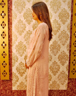 Close-up of camel Viscose Georgette Kurta with exquisite Chikankari, pearl, and cut-dana embroidery.