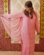 Close-up of delicate Lucknowi Chikankari and pearl cut dana work on a Piyazi Pink viscose kurti.