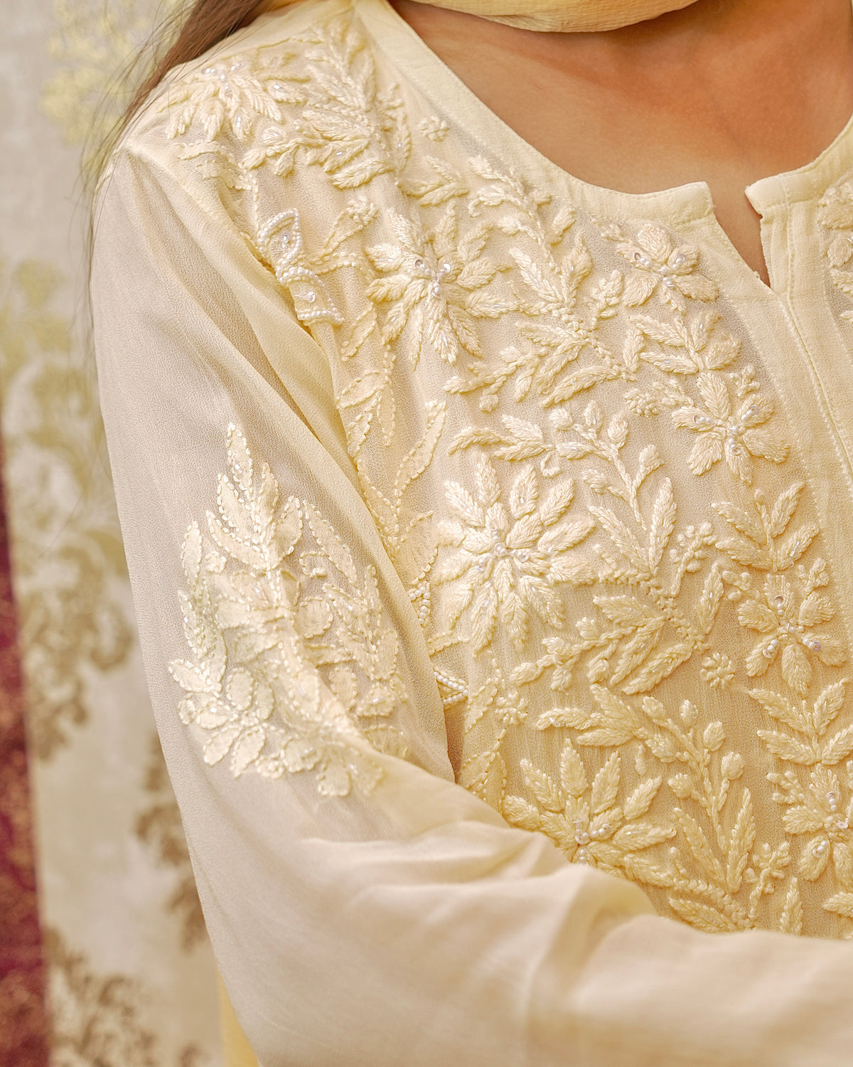 Complete beige and yellow Premium Kurti Set with georgette kurti, matching bottom, dupatta, and inner.