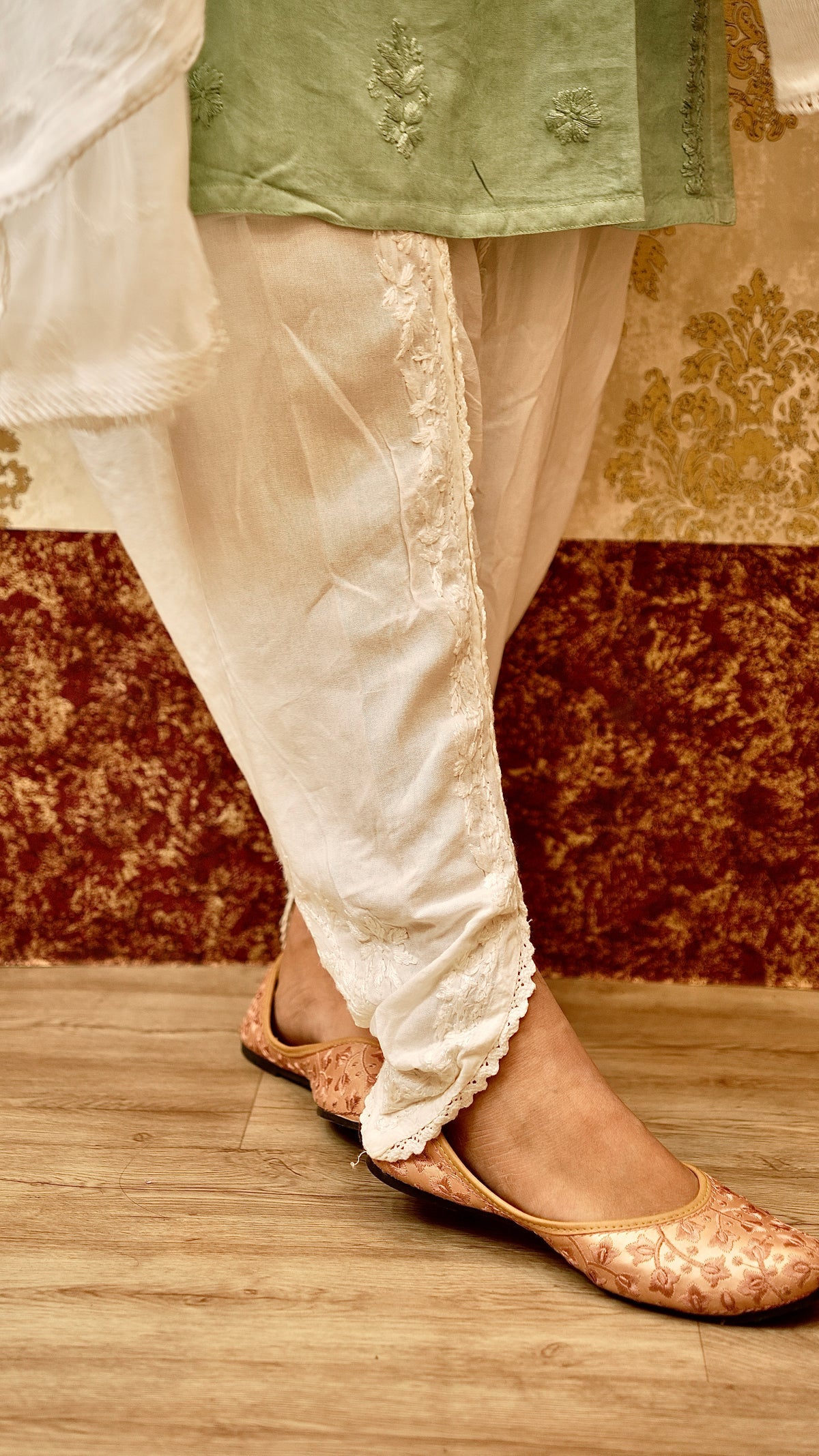 View a stylish Tulip Pant for women, featuring hand-embroidered Chikankari. A comfortable ethnic bottom wear.