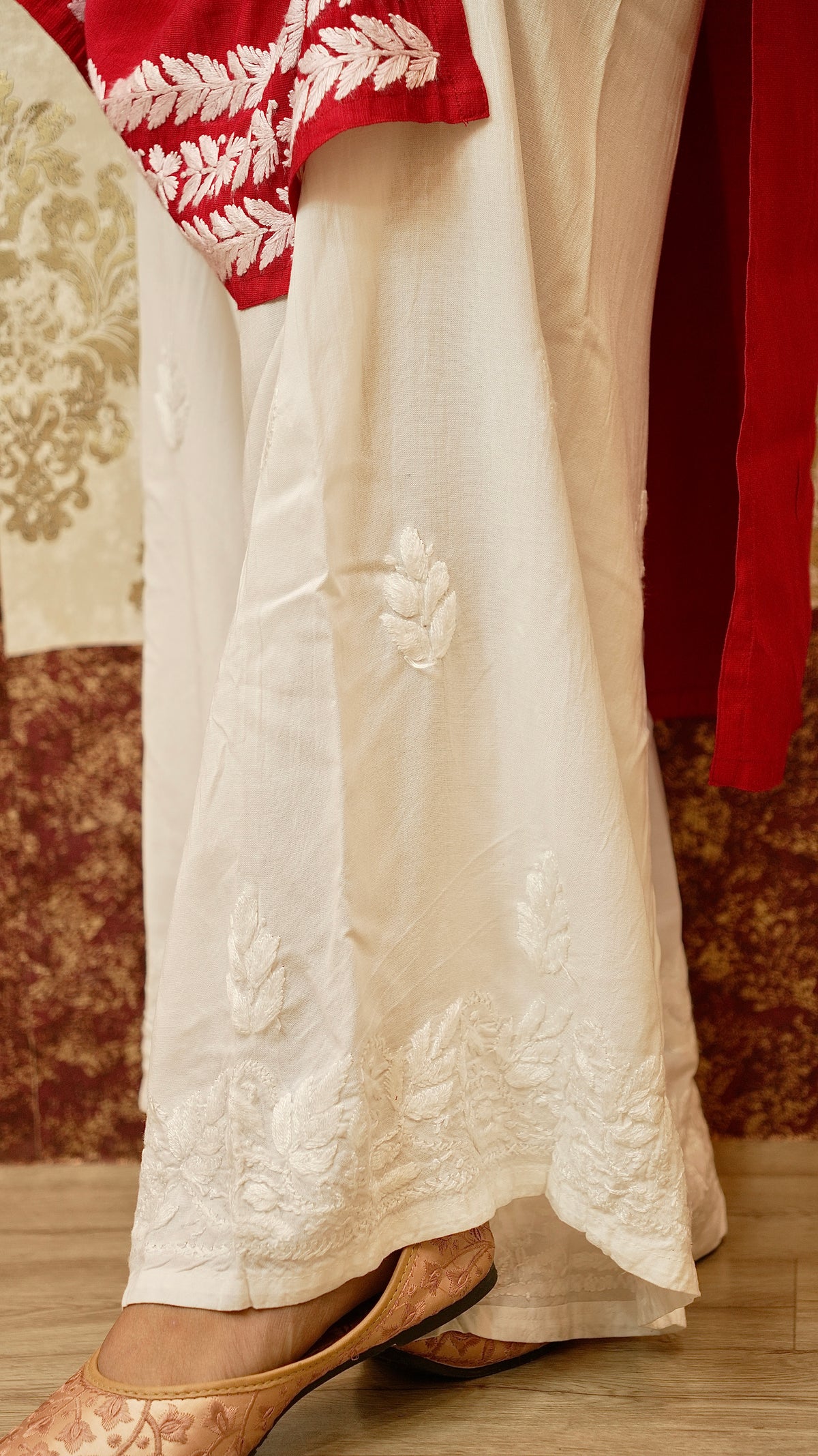 Close-up of authentic Lucknowi handwork on a rayon cotton palazzo. Elegant bottom wear.