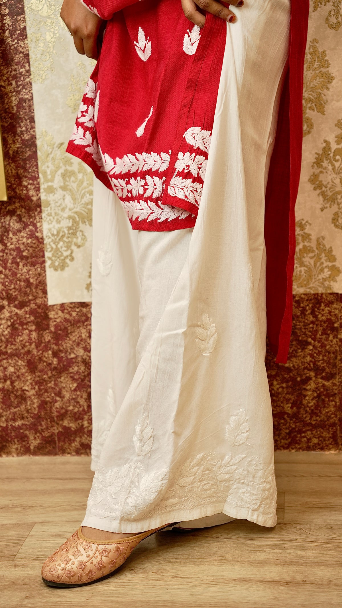 Detailed view of the classic Lucknowi embroidery on a versatile rayon cotton palazzo. Stylish bottom pants.