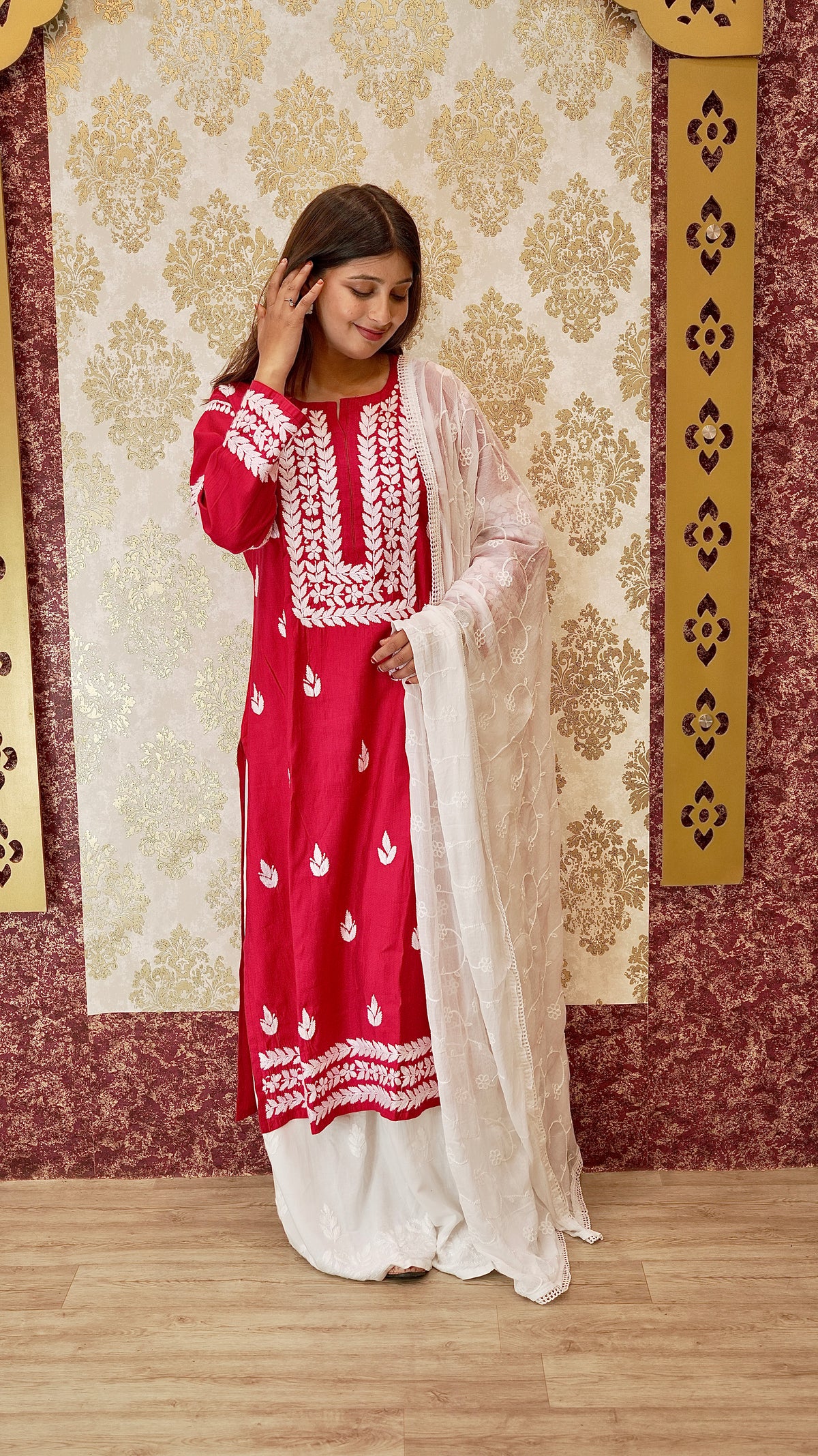 View a comfortable rayon cotton palazzo, designed for graceful movement. Features authentic Lucknowi handwork.