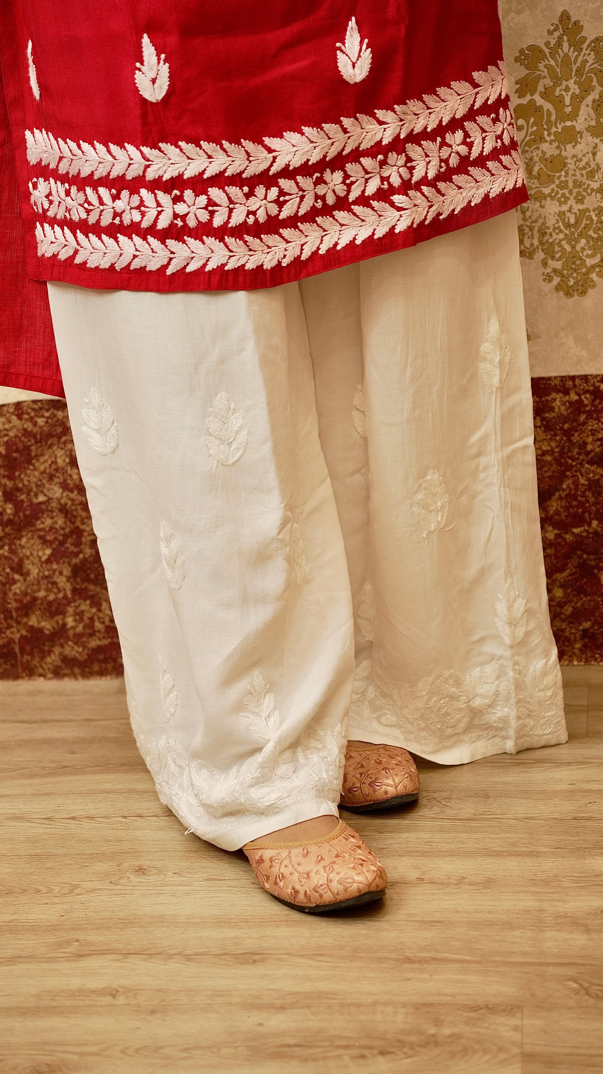 Masterpiece Lucknowi handwork palazzo in breathable rayon cotton fabric. Stylish bottom wear for women.