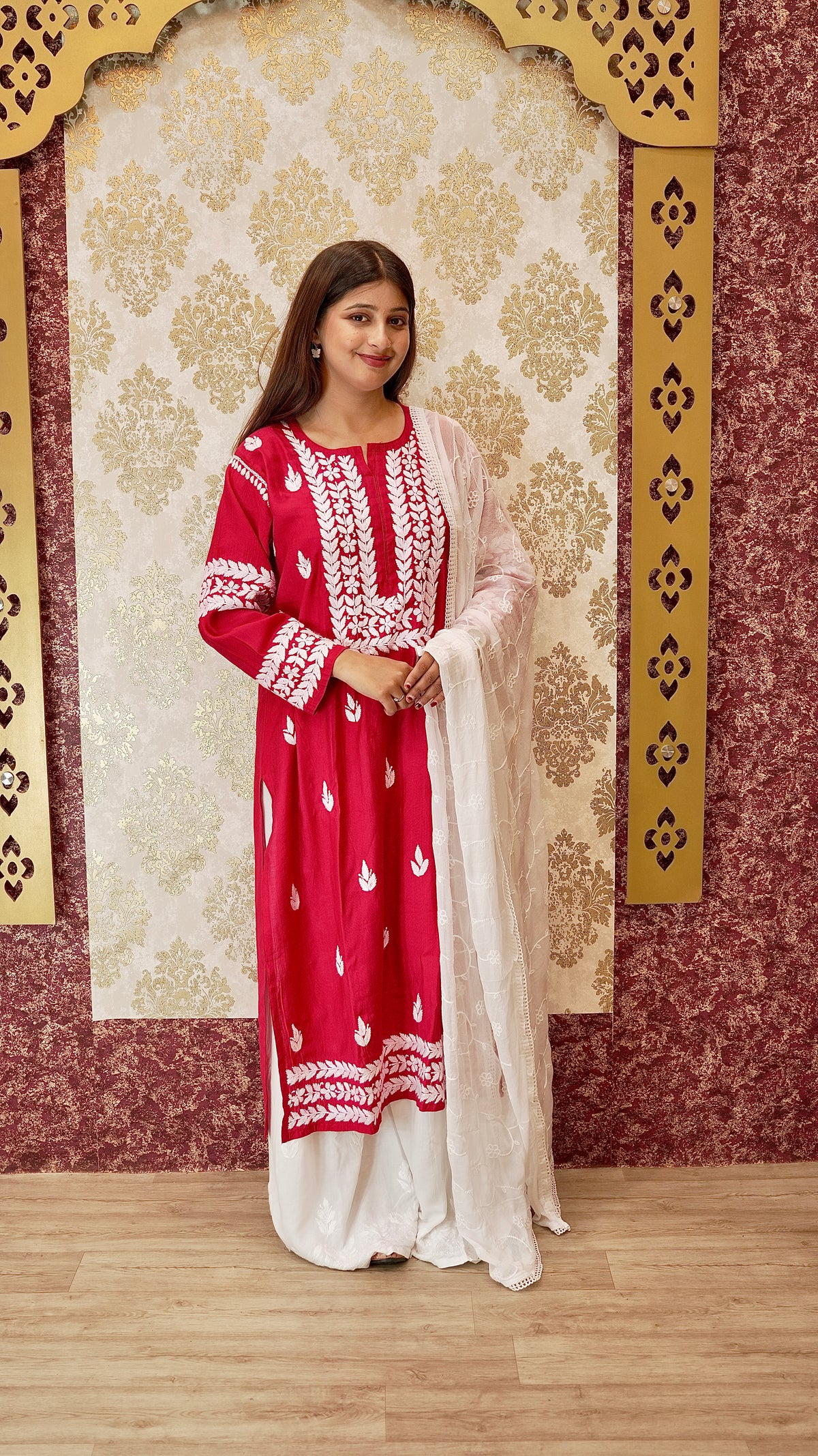 Detailed view of the classic Lucknowi embroidery on a comfortable rayon cotton palazzo. Timeless bottom pants.