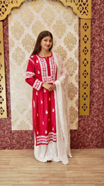 Detailed view of the classic Lucknowi embroidery on a comfortable rayon cotton palazzo. Timeless bottom pants.