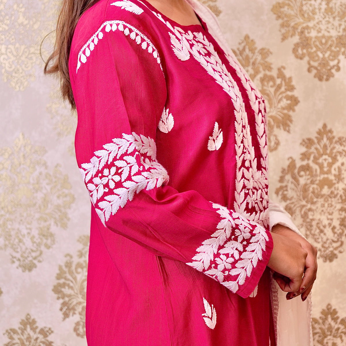 Side view of Lucknowi Chikankari hot pink viscose rayon kurti. View premium heavy work, elegant cotton chikan kurti.