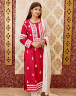 Front view Aliya Chikankari Kurti, hot pink viscose cotton fabric. View elegant hand-embroidered chikankari kurti for women.