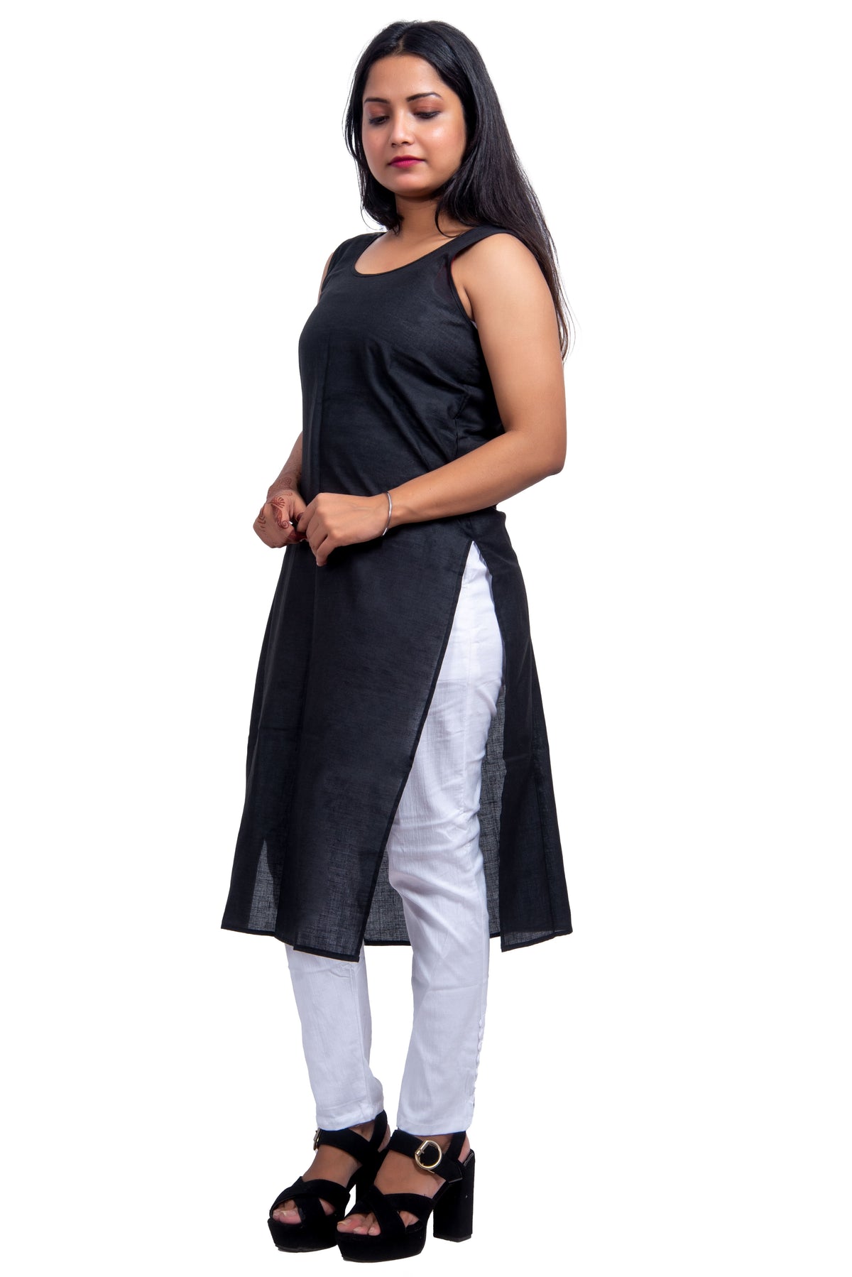 Side view of black cotton camisole – lightweight, sleeveless with comfortable round neck.