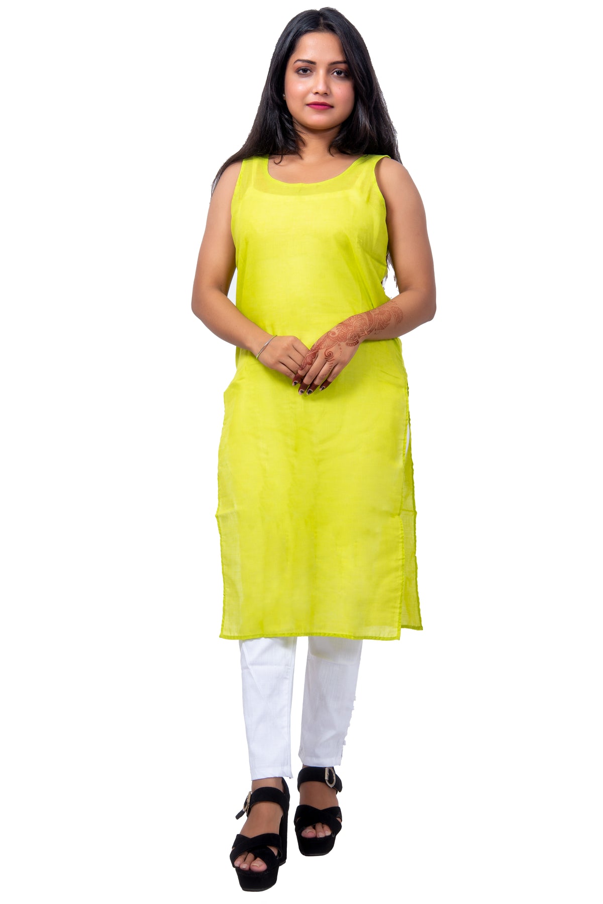 Front view of yellow cotton innerwear slip for women with sleeveless design.