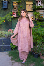 A front view shows a woman wearing a mauve pink mulmul cotton kurta and matching dupatta.