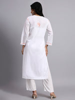 Back view of Woman wearing a white kurta with intricate embroidery on a gray background