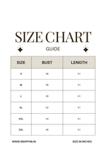 Size chart guide for clothing with bust and length measurements in inches.