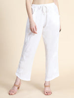 View a comfortable white Chikankari Pant in stretchable cotton lycra. Authentic hand-embroidered bottom wear.